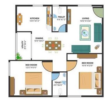 Floor plan of 2 BHK 927 Sq. Ft. Apartment in Bavisha Bentley Greens, Bangalore