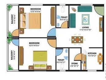 Floor plan of 2 BHK 1000 Sq. Ft. Apartment in Bavisha Bentley Greens, Bangalore