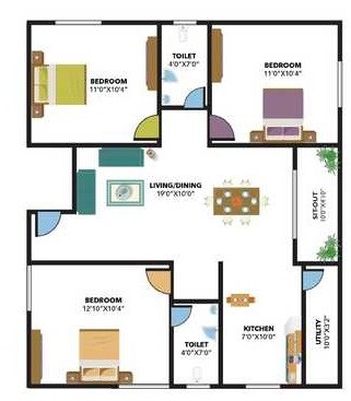 Floor plan of 3 BHK 1137 Sq. Ft. Apartment in Bavisha Bentley Greens, Bangalore