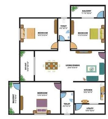 Floor plan of 3 BHK 1259 Sq. Ft. Apartment in Bavisha Bentley Greens, Bangalore
