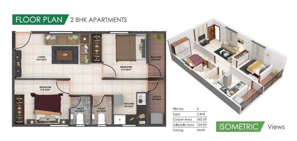 Floor plan of 2 BHK 754 Sq. Ft. Apartment in Bavisha Gardeniaa, Bangalore