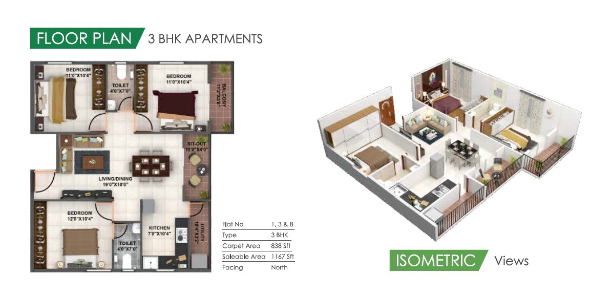 Floor plan of 3 BHK 1167 Sq. Ft. Apartment in Bavisha Gardeniaa, Bangalore