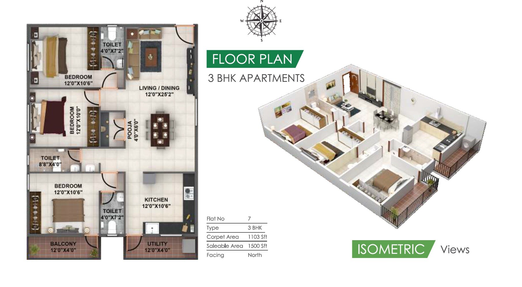Floor plan of 3 BHK 1500 Sq. Ft. Apartment in Bavisha Gardeniaa, Bangalore