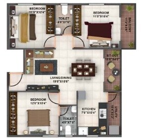Floor plan of 3 BHK 1206 Sq. Ft. Apartment in Bavisha Gardeniaa Phase 2, Bangalore