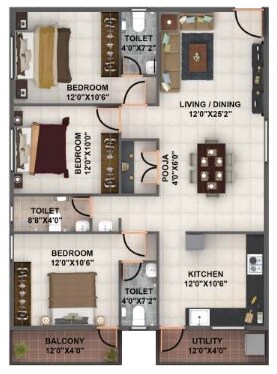 Floor plan of 3 BHK 1347 Sq. Ft. Apartment in Bavisha Gardeniaa Phase 2, Bangalore