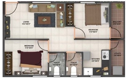 Floor plan of 2 BHK 927 Sq. Ft. Apartment in Bavisha Gardeniaa Phase 3, Bangalore