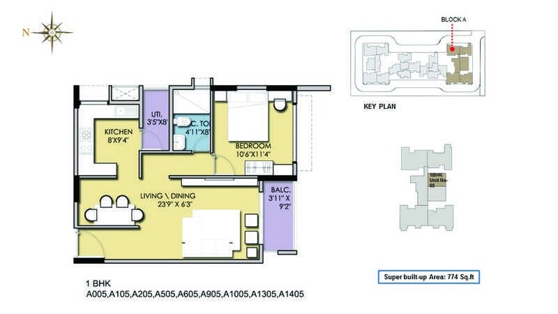 Floor plan of 1 BHK 774 Sq. Ft. Apartment in BCD Codename North Star, Bangalore