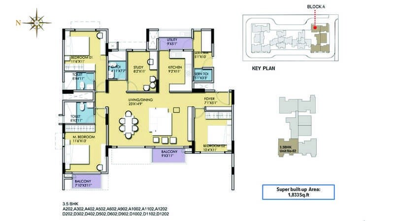 Floor plan of 3 BHK 1833 Sq. Ft. Apartment in BCD Codename North Star, Bangalore