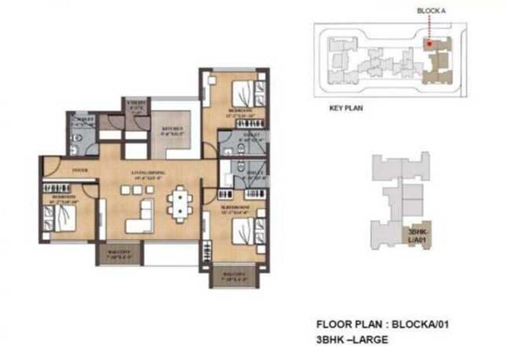 Floor plan of 3 BHK 1550 Sq. Ft. Apartment in BCD Paradiso Phase I, Bangalore