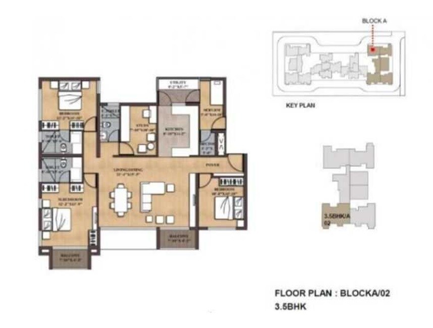 Floor plan of 3 BHK 1750 Sq. Ft. Apartment in BCD Paradiso Phase I, Bangalore