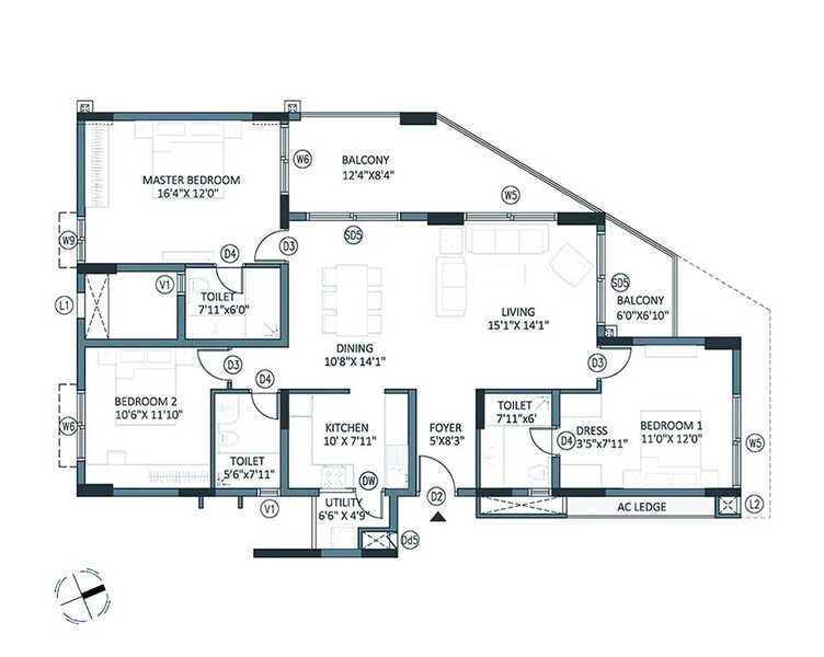 Floor plan of 3 BHK 1729 Sq. Ft. Apartment in BCM Panache, Bangalore