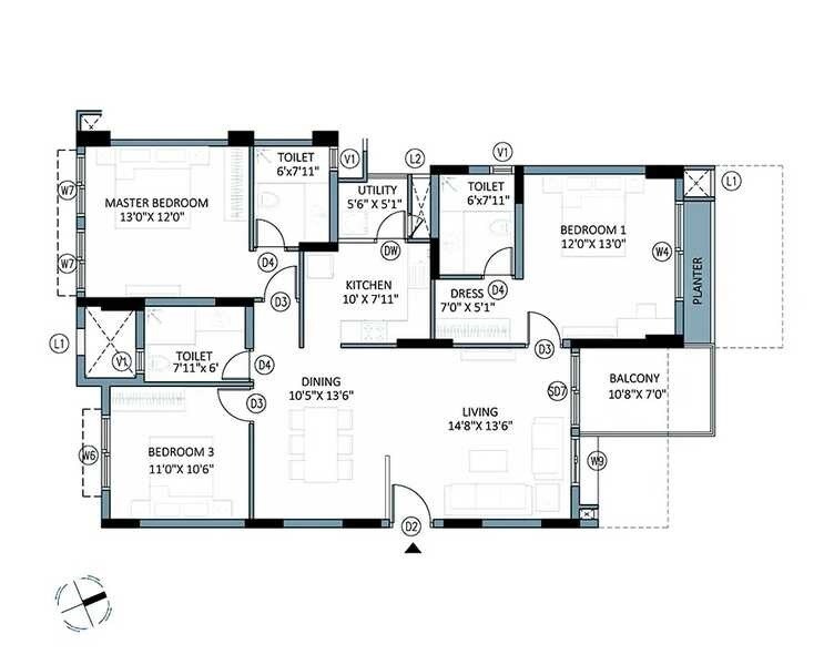 Floor plan of 3 BHK 2049 Sq. Ft. Apartment in BCM Panache, Bangalore