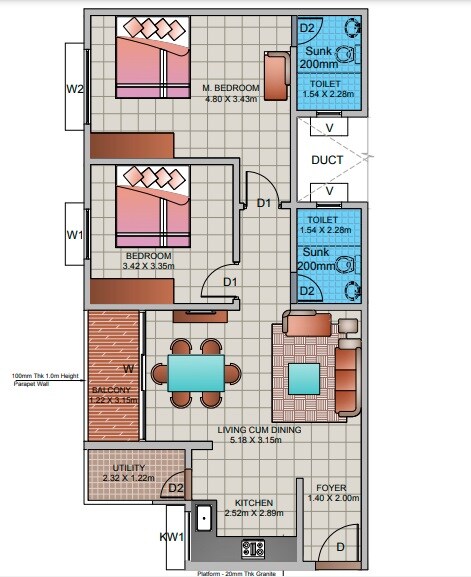 Floor plan of 2 BHK 850 Sq. Ft. Apartment in BDA Apartments Valagerahalli, Bangalore