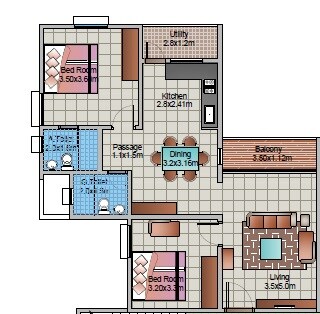 Floor plan of 2 BHK 830 Sq. Ft. Apartment in BDA Apartments Kommaghatta, Bangalore