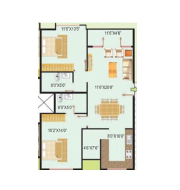 Floor plan of 2 BHK 1100 Sq. Ft. Apartment in Benchmark Serenity, Bangalore