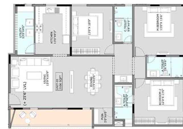 Floor plan of 3 BHK 2106 Sq. Ft. Apartment in Beryl Tranquil Terraces, Bangalore