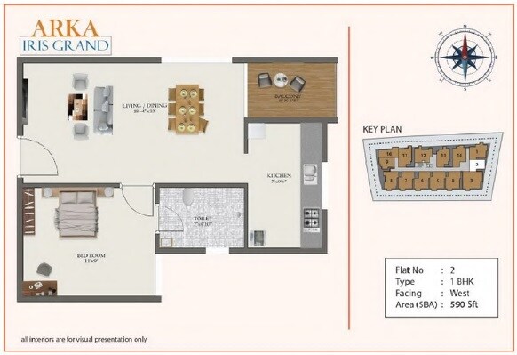 Floor plan of 1 BHK 590 Sq. Ft. Apartment in Bhaarath Arka Iris Grand, Bangalore