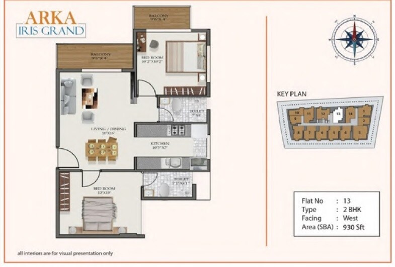 Floor plan of 2 BHK 930 Sq. Ft. Apartment in Bhaarath Arka Iris Grand, Bangalore