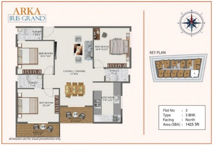 Floor plan of 3 BHK 1425 Sq. Ft. Apartment in Bhaarath Arka Iris Grand, Bangalore