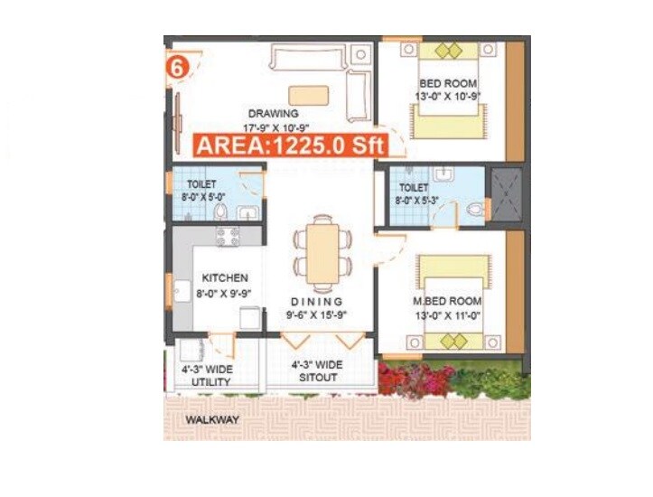 Floor plan of 2 BHK Apartment - 1225 sq. ft. in Bhagya PVR Lake View, Bangalore