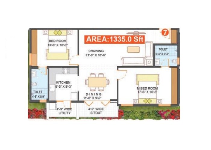 Floor plan of 2 BHK Apartment - 1335 sq. ft. in Bhagya PVR Lake View, Bangalore