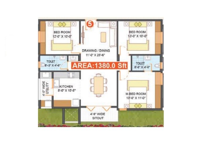 Floor plan of 3 BHK Apartment - 1380 sq. ft. in Bhagya PVR Lake View, Bangalore