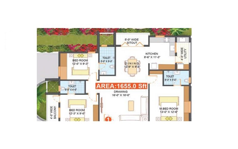 Floor plan of 3 BHK Apartment - 1655 sq. ft. in Bhagya PVR Lake View, Bangalore