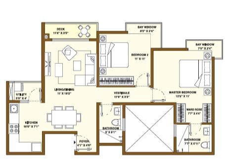 Floor plan of 2 BHK 1290 Sq. Ft. Apartment in Bhartiya City, Bangalore
