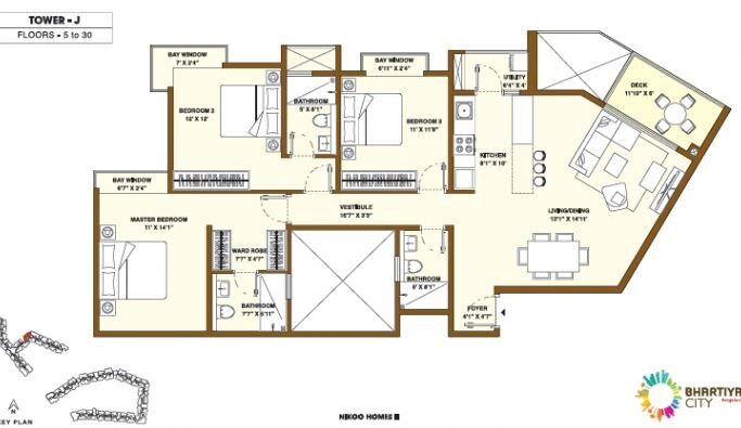 Floor plan of 3 BHK 1834 Sq. Ft. Apartment in Bhartiya City, Bangalore