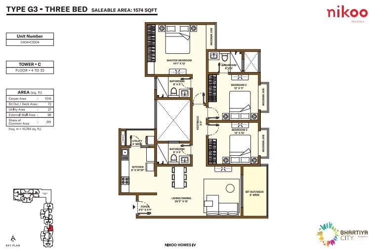  3 BHK Apartment at Bhartiya City Nikoo Homes 4, Thanisandra Main Road – for Rent