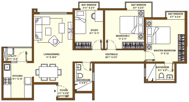 Floor plan of 2 BHK 1106 Sq. Ft. Apartment in Bhartiya City Nikoo Homes II, Bangalore