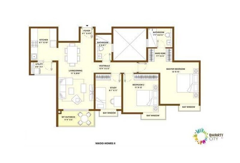 Floor plan of 2 BHK 1290 Sq. Ft. Apartment in Bhartiya City Nikoo Homes II, Bangalore