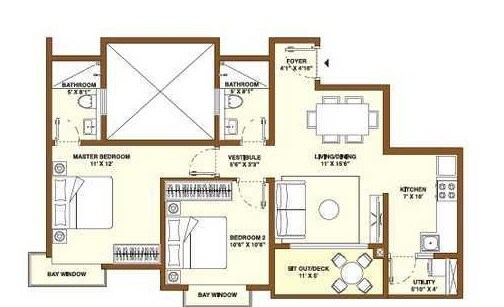 Floor plan of 2 BHK 985 Sq. Ft. Apartment in Bhartiya City Nikoo Homes II, Bangalore