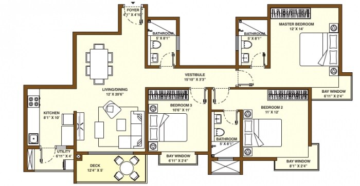 Floor plan of 3 BHK 1768 Sq. Ft. Apartment in Bhartiya City Nikoo Homes II, Bangalore