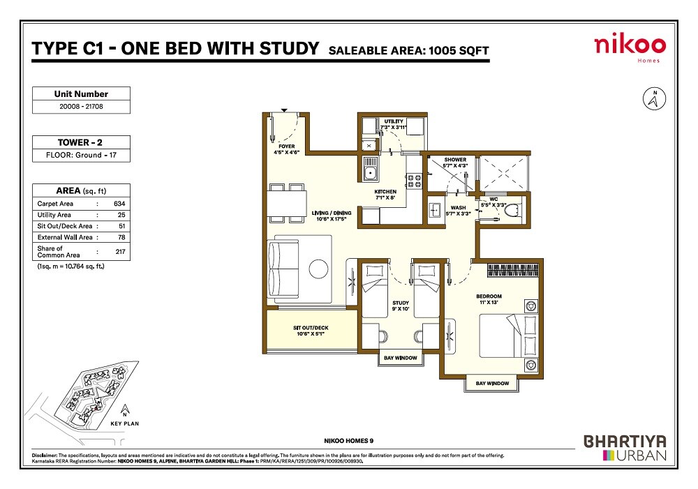 Floor plan of 1 BHK 1005 Sq. Ft. Apartment in Bhartiya Garden Hill, Bangalore