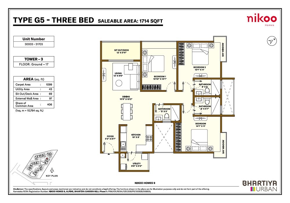 Floor plan of 3 BHK 1714 Sq. Ft. Apartment in Bhartiya Garden Hill, Bangalore