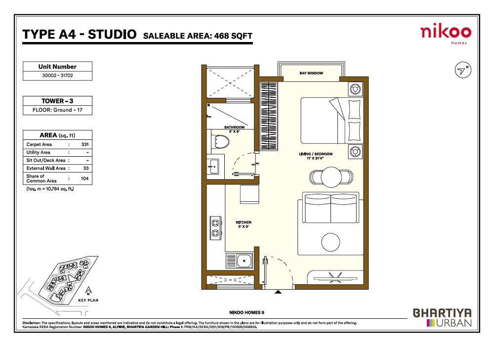 Floor plan of 468 Sq. Ft. Studio in Bhartiya Garden Hill, Bangalore