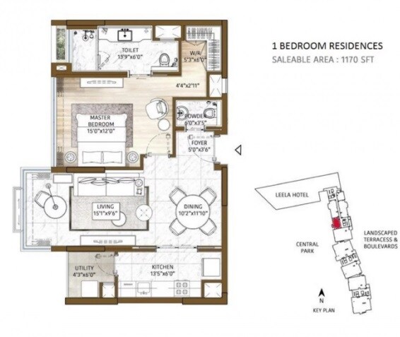 Floor plan of 1 BHK 1170 Sq. Ft. Apartment in Bhartiya Leela Residences, Bangalore