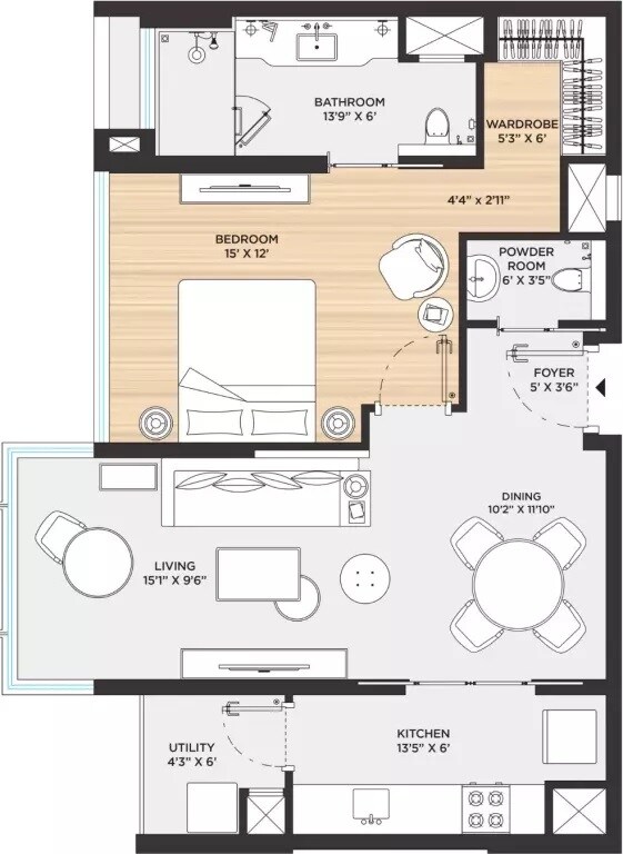 Floor plan of 1 BHK 1163 Sq. Ft. Apartment in Bhartiya Leela Residences, Bangalore