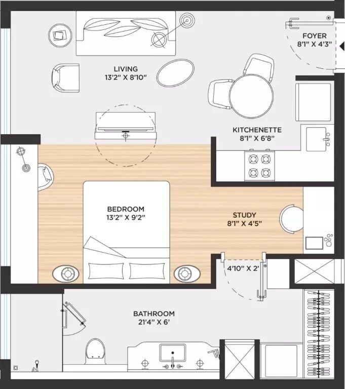 Floor plan of 1 BHK 840 Sq. Ft. Apartment in Bhartiya Leela Residences, Bangalore