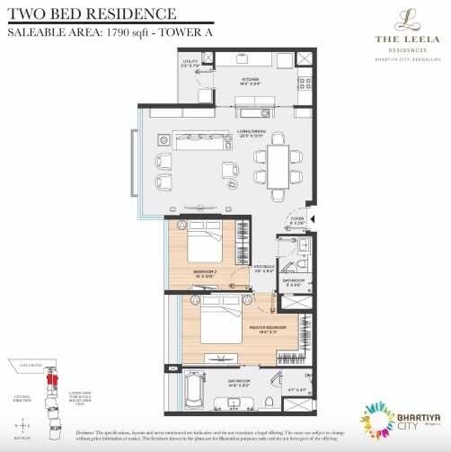 Floor plan of 2 BHK 1790 Sq. Ft. Apartment in Bhartiya Leela Residences, Bangalore