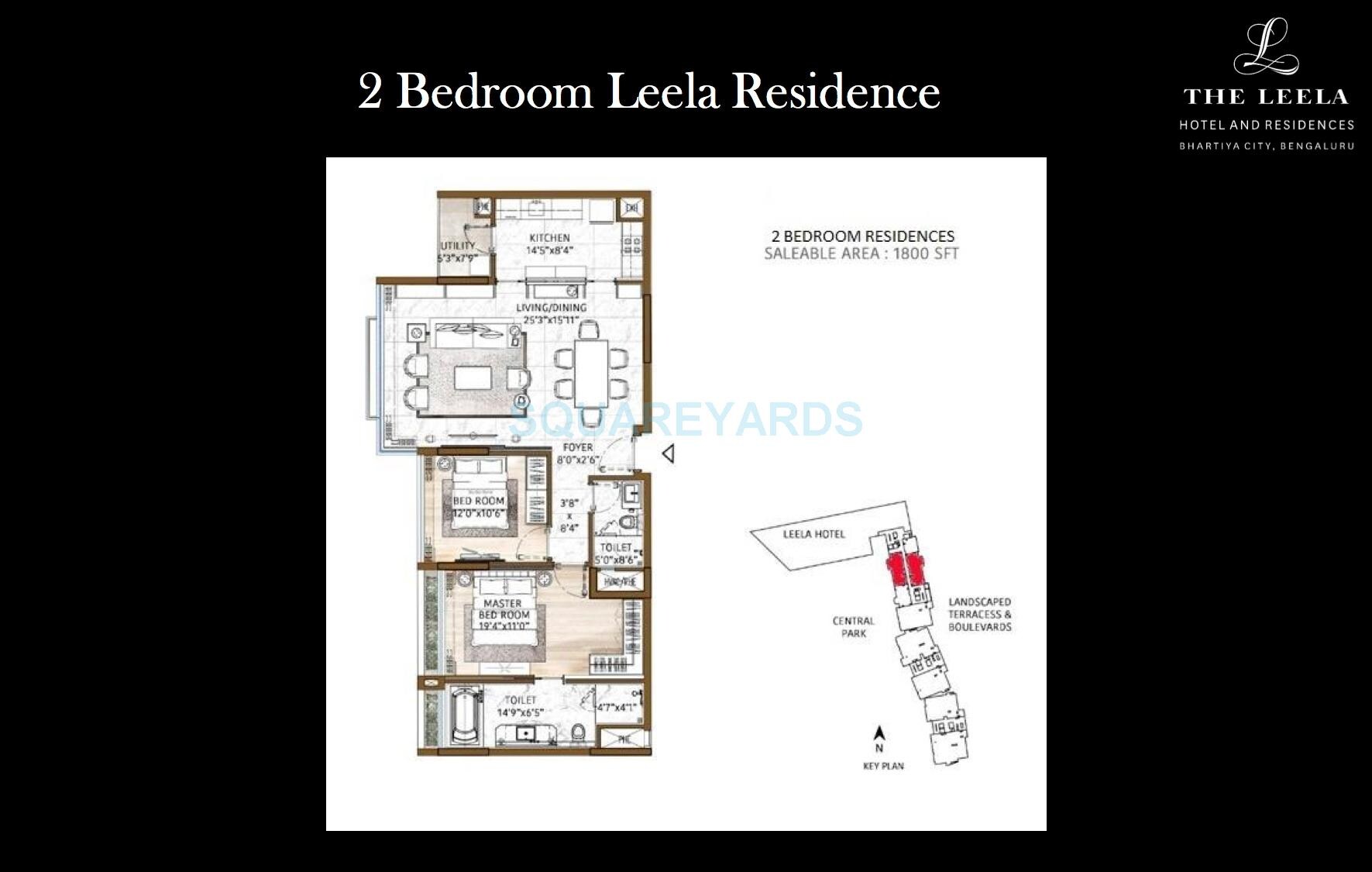 Floor plan of 2 BHK 1800 Sq. Ft. Apartment in Bhartiya Leela Residences, Bangalore