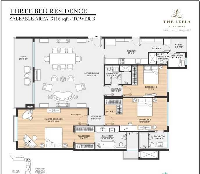 Floor plan of 3 BHK 3116 Sq. Ft. Apartment in Bhartiya Leela Residences, Bangalore