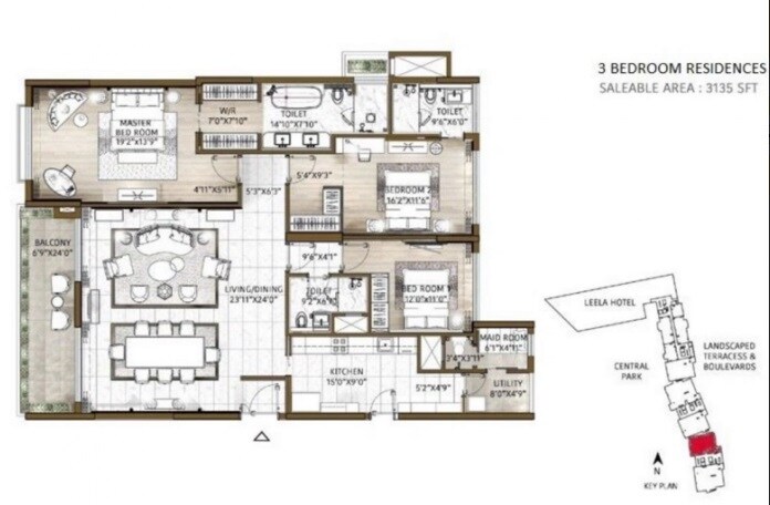 Floor plan of 3 BHK 3135 Sq. Ft. Apartment in Bhartiya Leela Residences, Bangalore