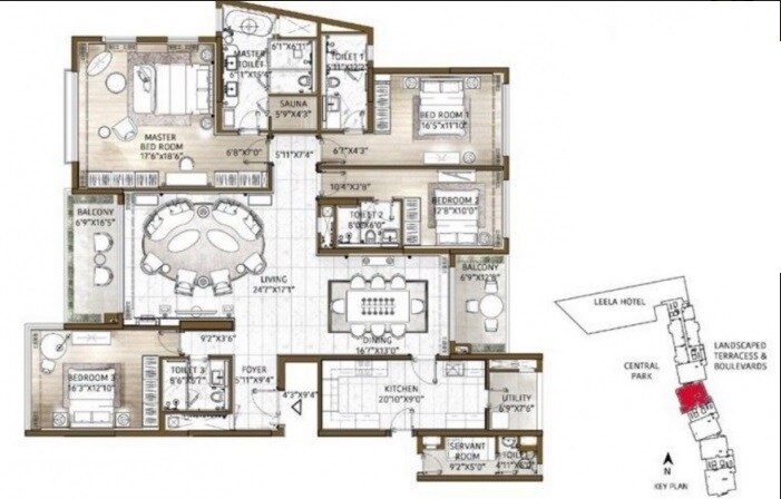 Floor plan of 4 BHK 4077 Sq. Ft. Apartment in Bhartiya Leela Residences, Bangalore