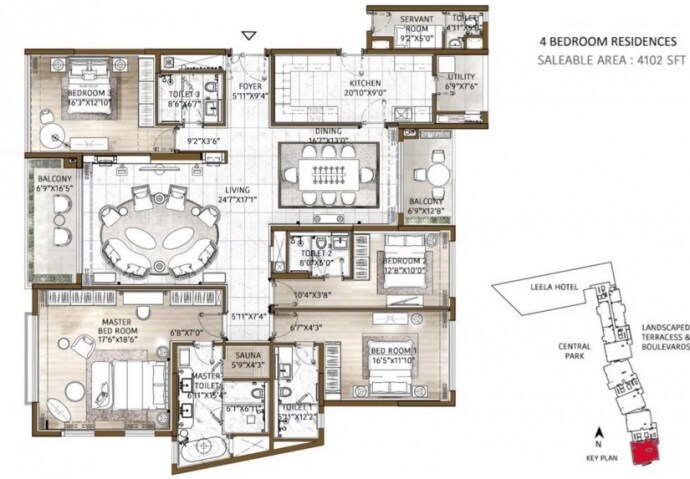 Floor plan of 4 BHK 4102 Sq. Ft. Apartment in Bhartiya Leela Residences, Bangalore
