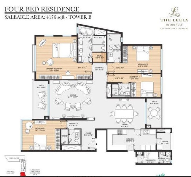 Floor plan of 4 BHK 4176 Sq. Ft. Apartment in Bhartiya Leela Residences, Bangalore