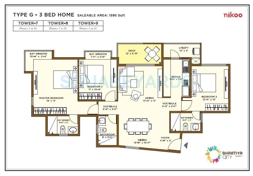  3 BHK Apartment at Bhartiya Nikoo Homes, Thanisandra Main Road – for Rent