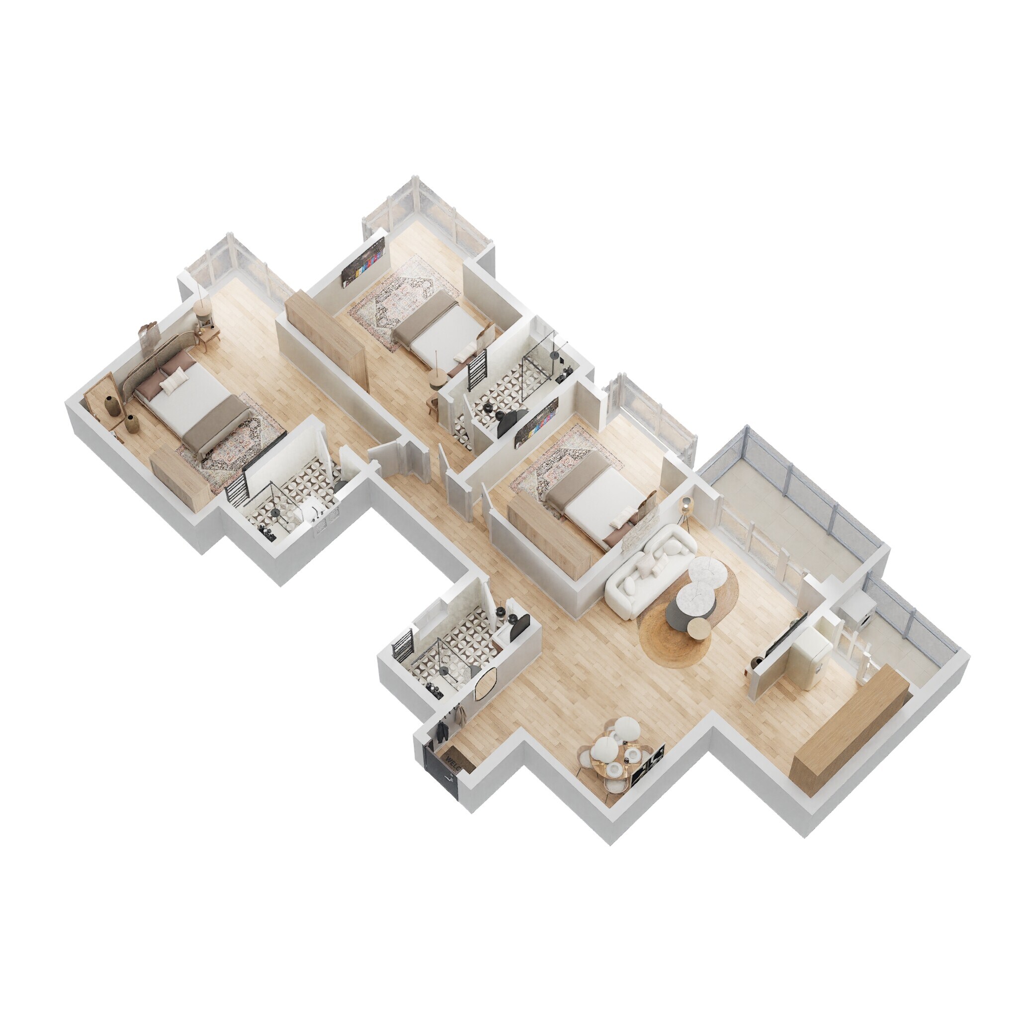 Floor plan of 3 BHK 1768 Sq. Ft. Apartment in Bhartiya Nikoo Homes, Bangalore