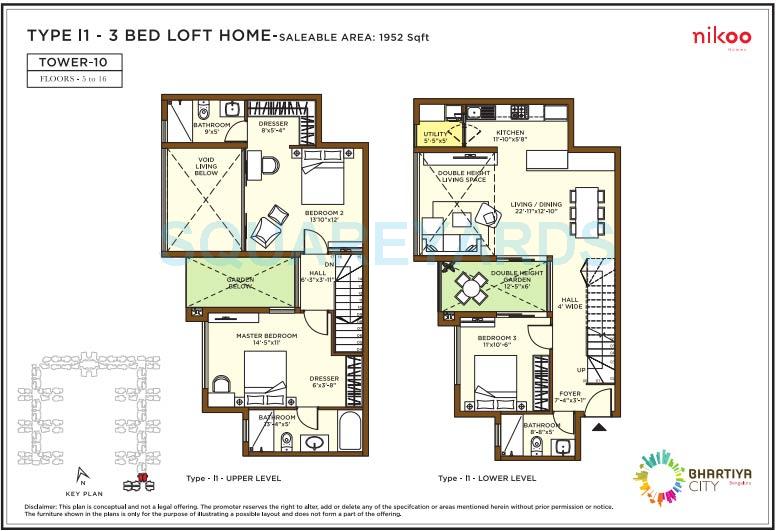 Floor plan of 3 BHK 1952 Sq. Ft. Penthouse in Bhartiya Nikoo Homes, Bangalore